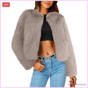 Faux Fur Cropped Jacket Chic Trendy Open Front Warm Winter Coat Y2K